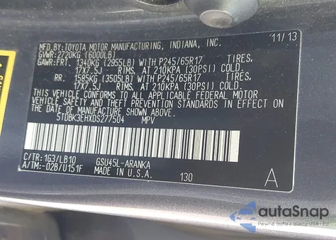 2013 Toyota Highlander Se V6 из США, поврежденный, VIN 5TDBK3EHXDS277504